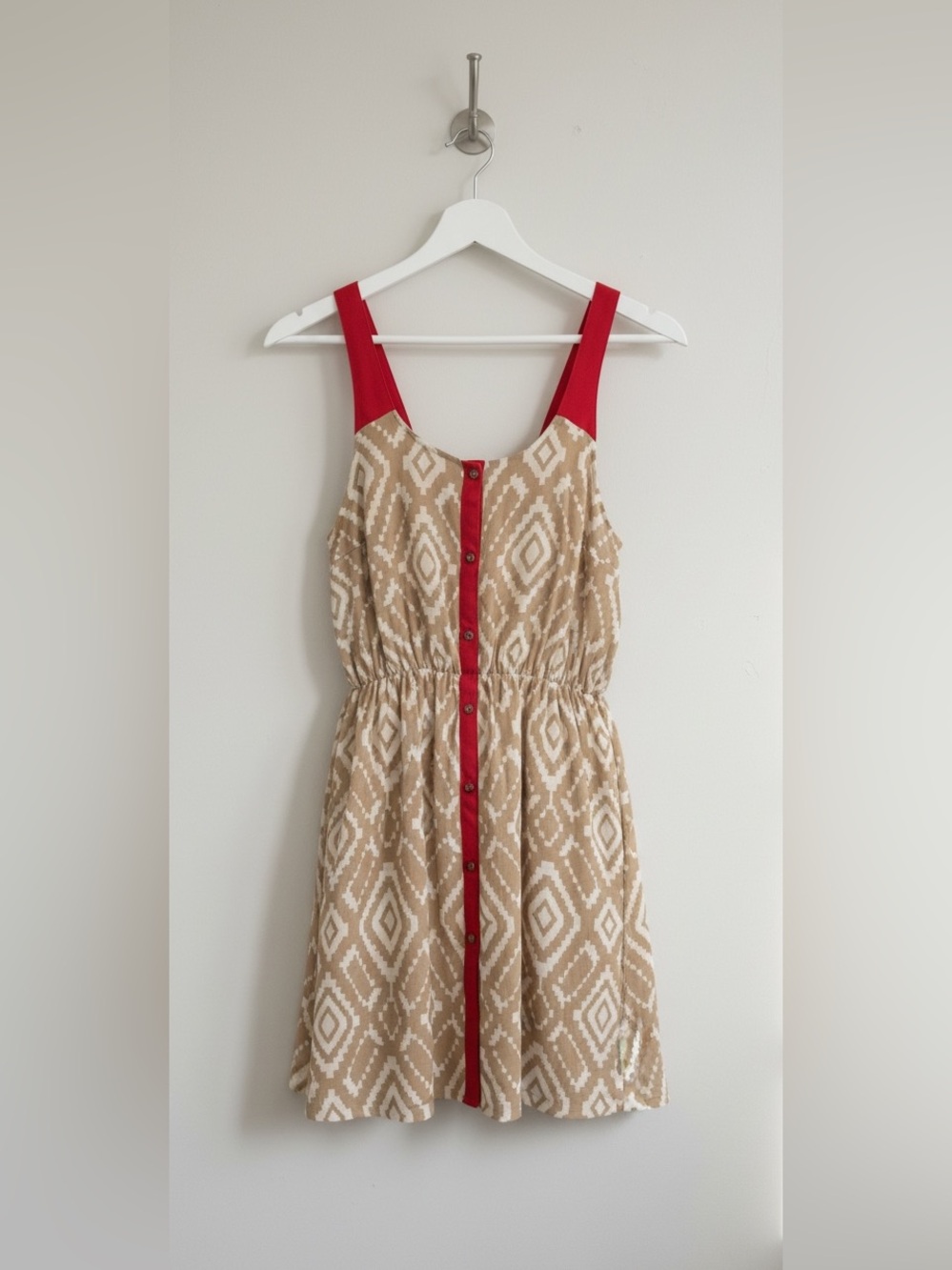 Charming Charlie Tan Red Ikat Diamond Chiffon Dress Size M